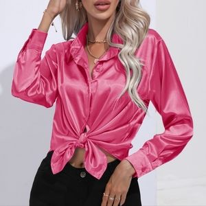 Harmony In Nature Satin Tie-Front Blouse in Hot Pink